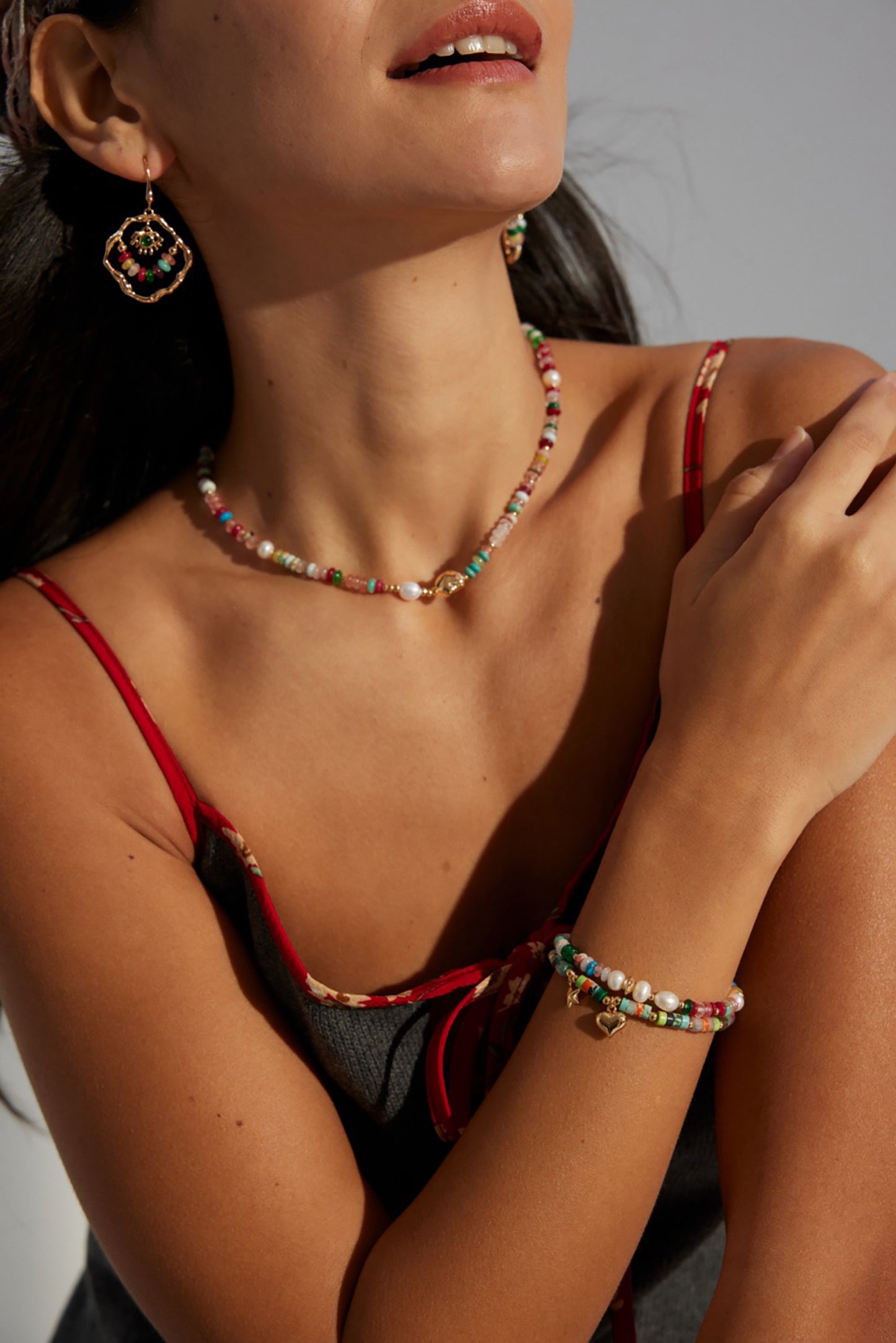 Colorful Gemstone With Pearls Bracelet