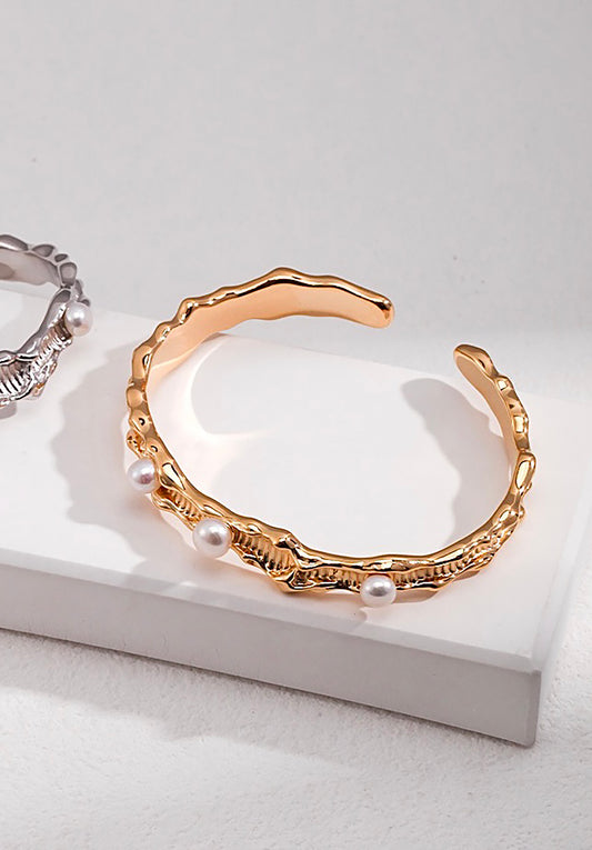 Wave Shaped Gold With Pearls Open Bangle