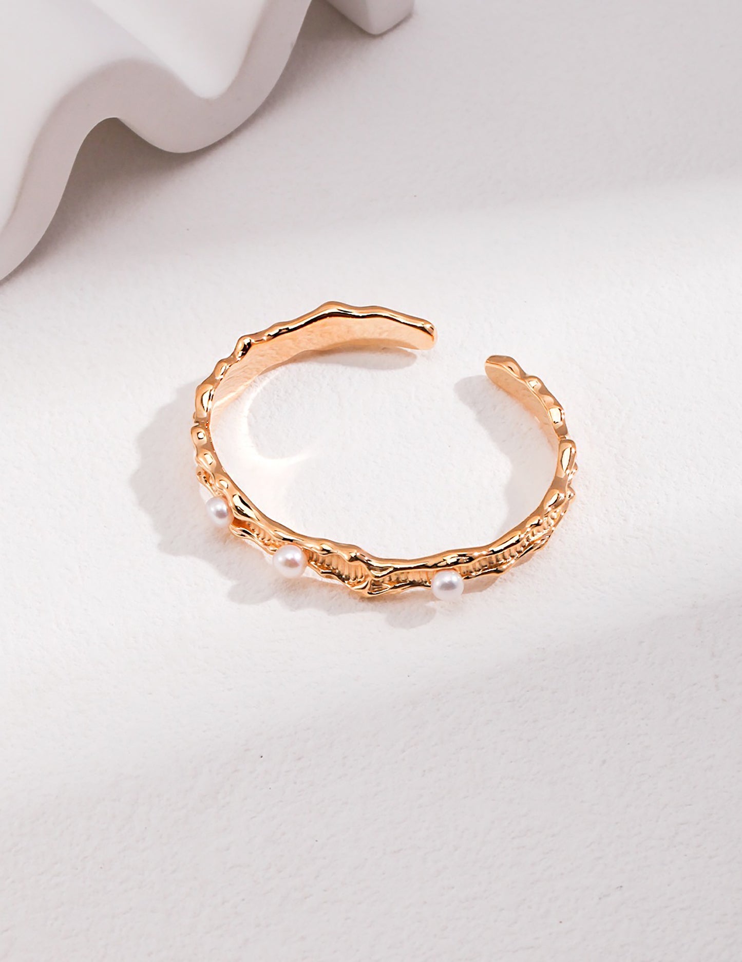 Wave Shaped Gold With Pearls Open Bangle