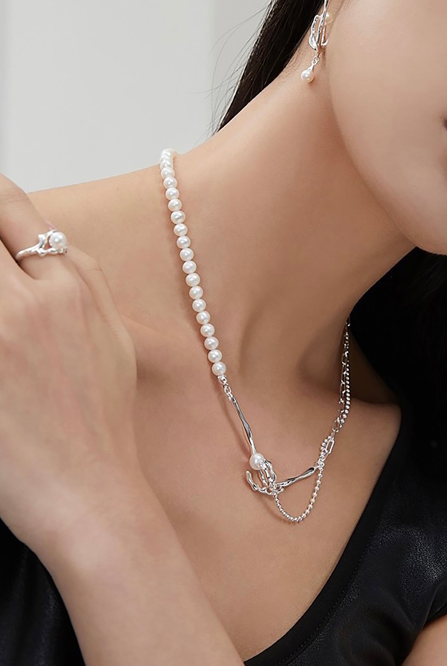 Sterling Silver Branches With White Pearls Statement Necklace