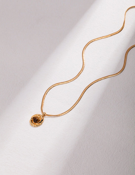 Gold Plated Silver Tiger-eye Pendant Snake Chain Necklace