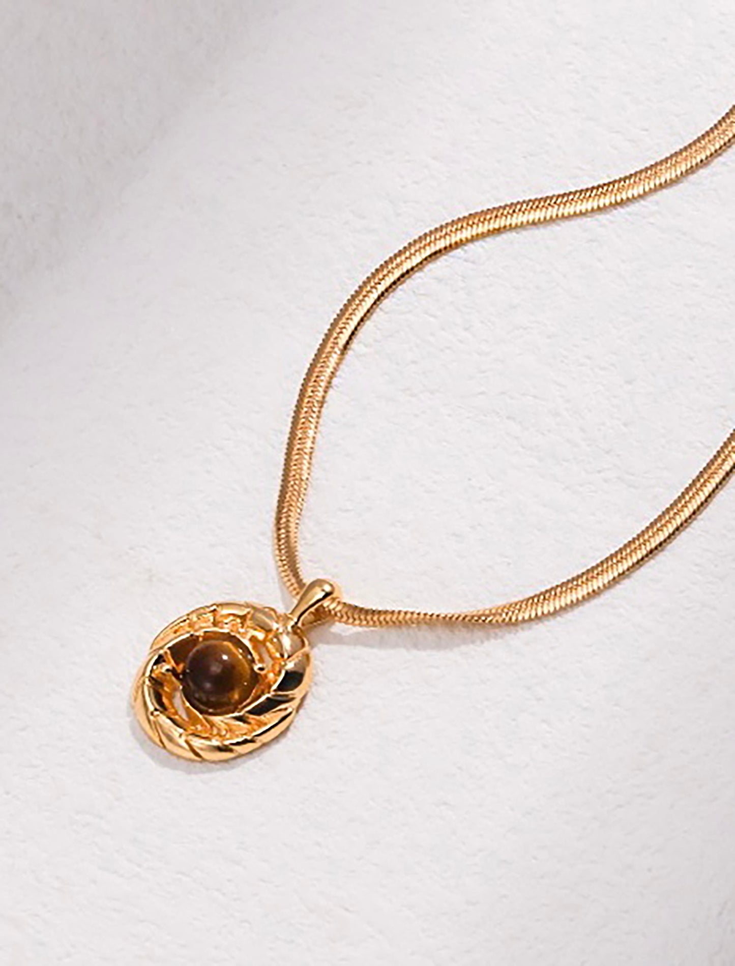 Gold Plated Silver Tiger-eye Pendant Snake Chain Necklace