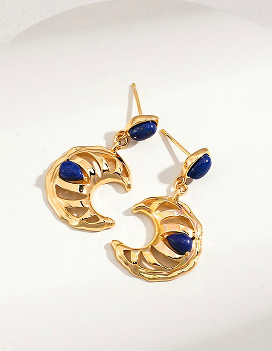 Vintage Style Gold Moon With Lapis Earrings