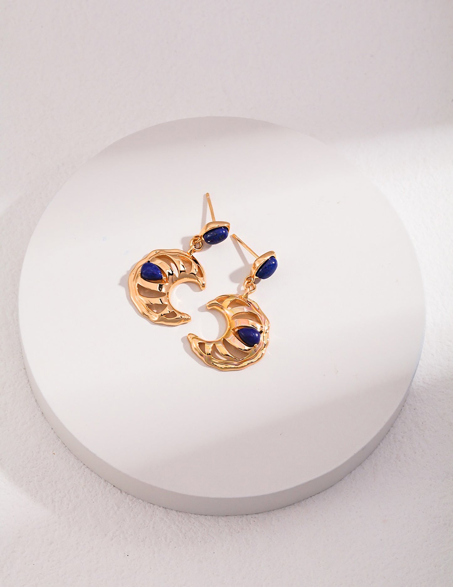 Vintage Style Gold Moon With Lapis Earrings