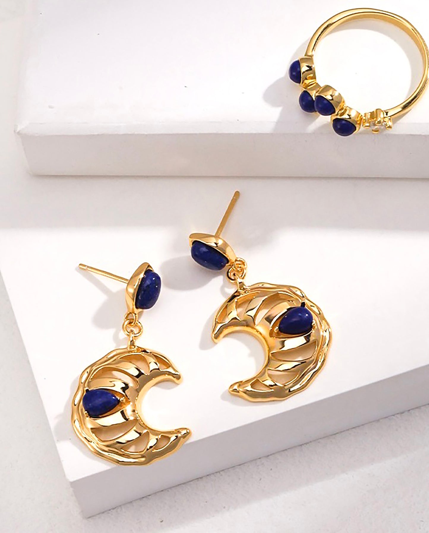 Vintage Style Gold Moon With Lapis Earrings