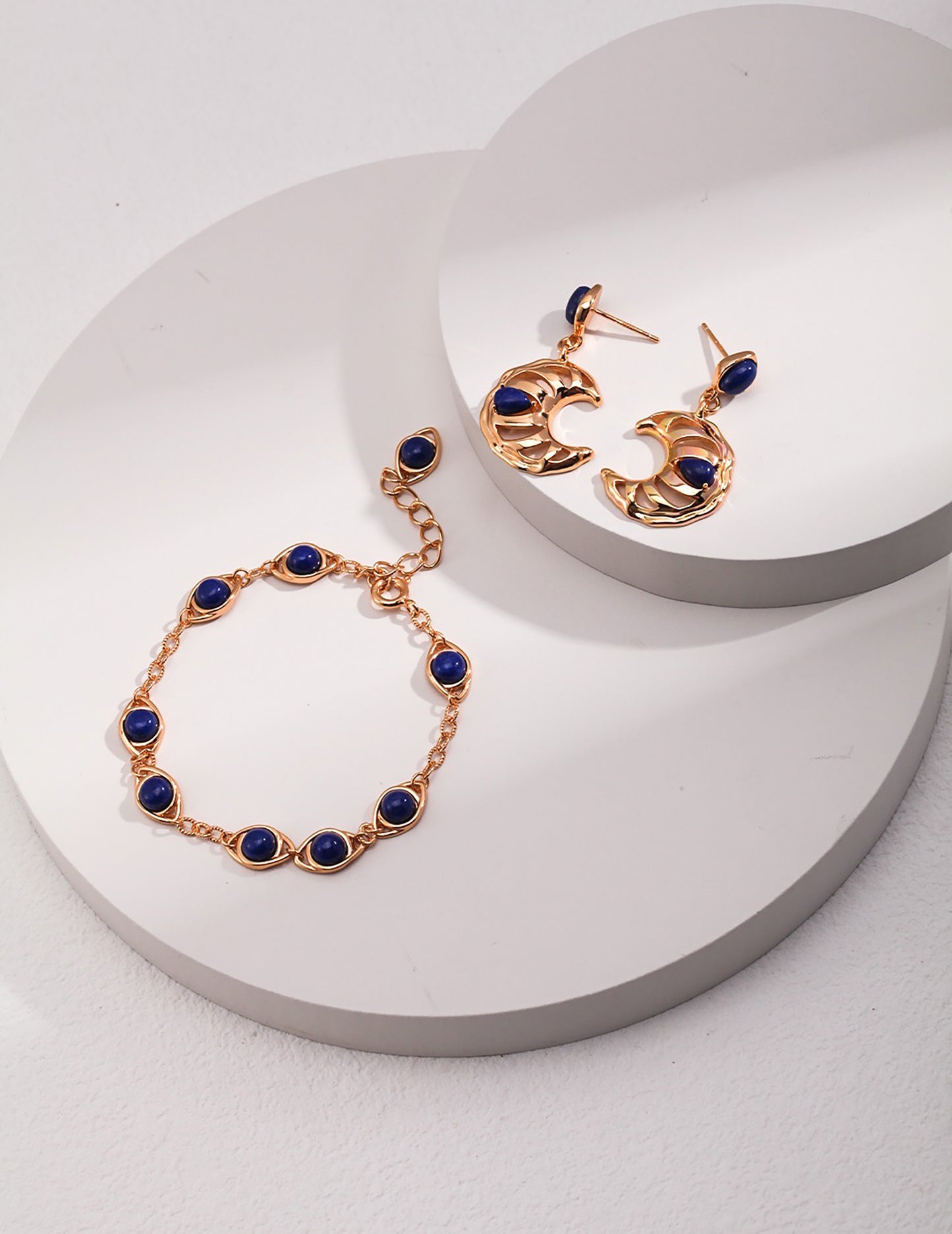 Vintage Style Gold Moon With Lapis Earrings
