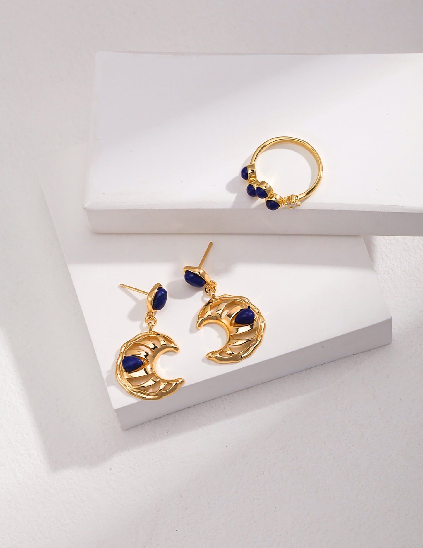 Vintage Style Gold Moon With Lapis Earrings