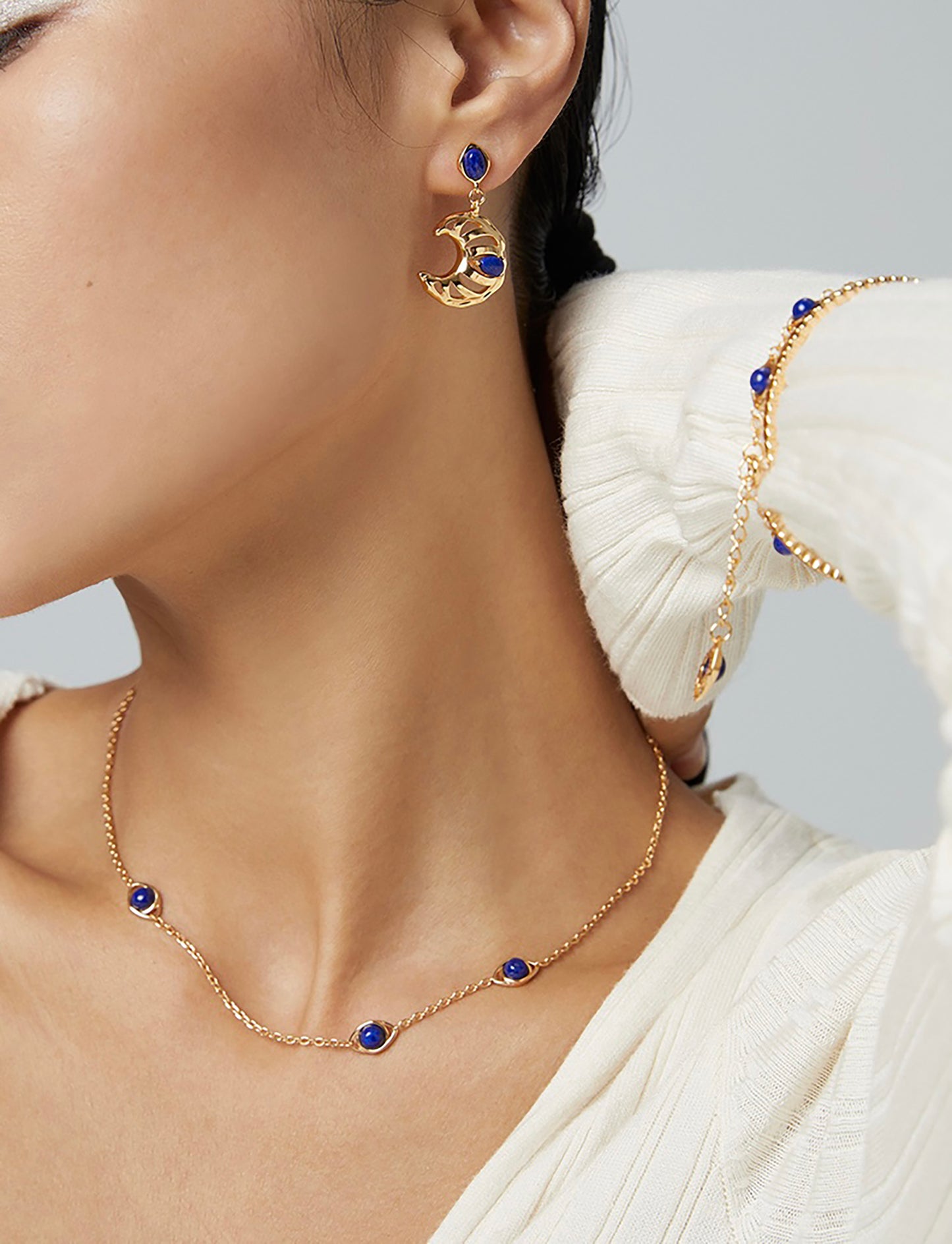 Vintage Style Gold Moon With Lapis Earrings