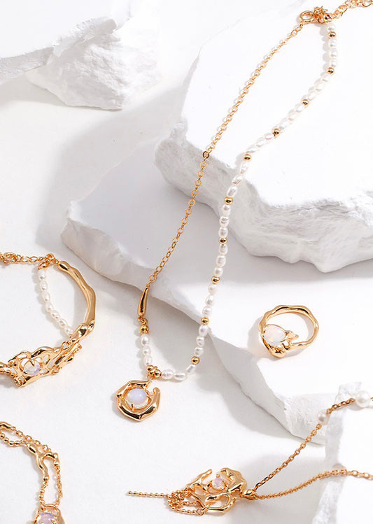 Gold Chain and Pearls With Opal Pendant Necklace