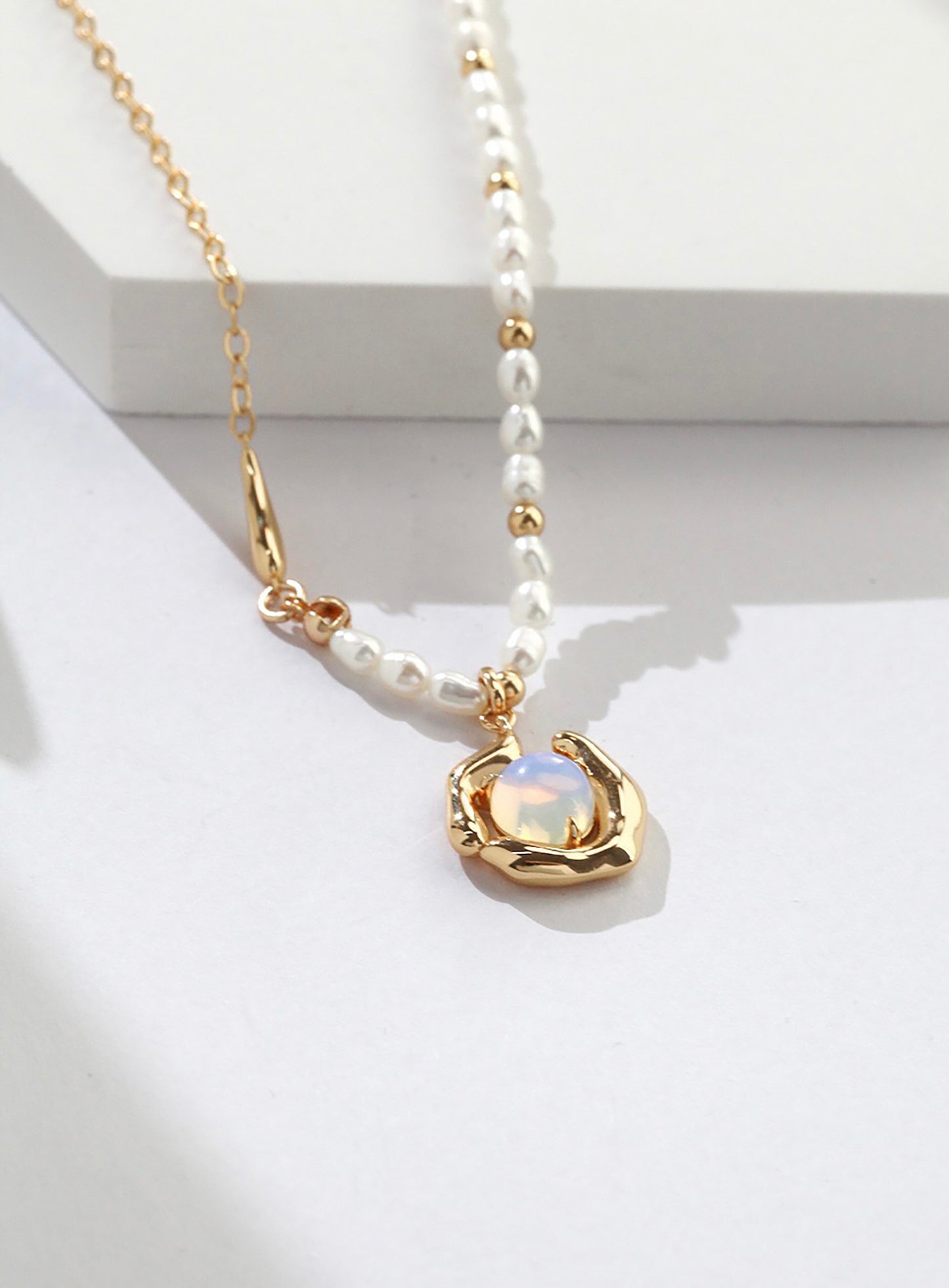 Gold Chain and Pearls With Opal Pendant Necklace