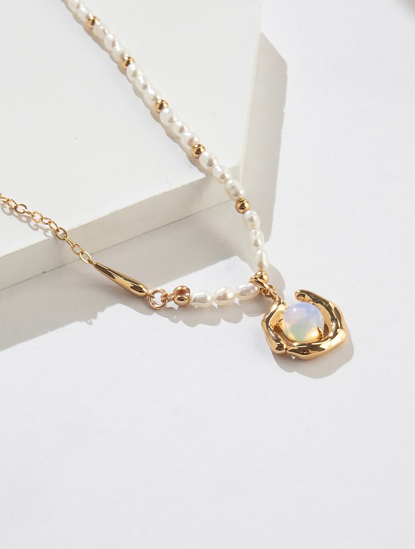 Gold Chain and Pearls With Opal Pendant Necklace