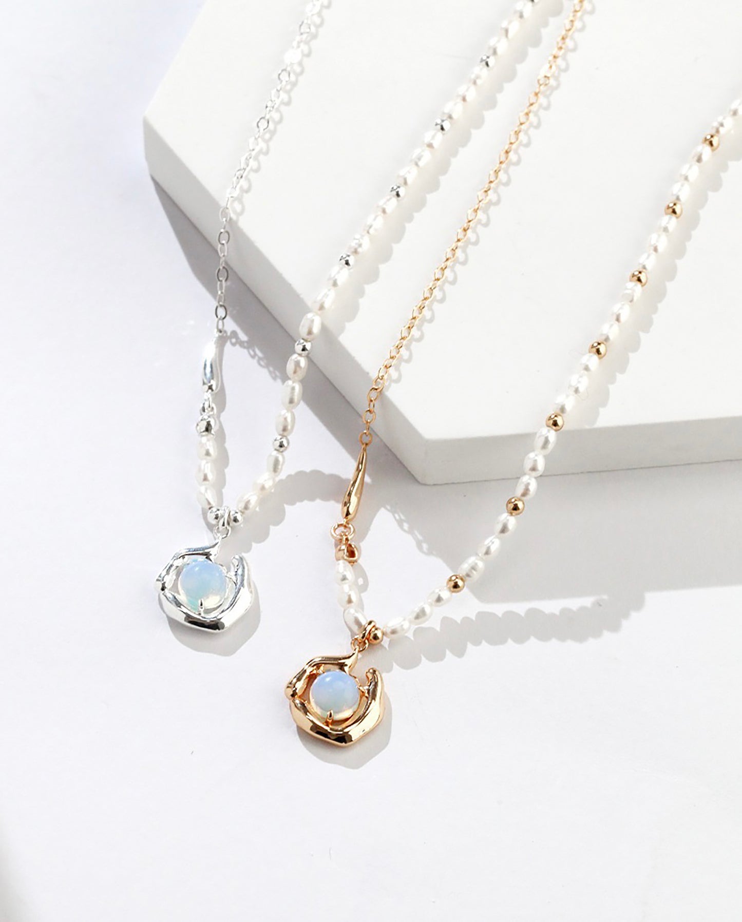 Gold Chain and Pearls With Opal Pendant Necklace
