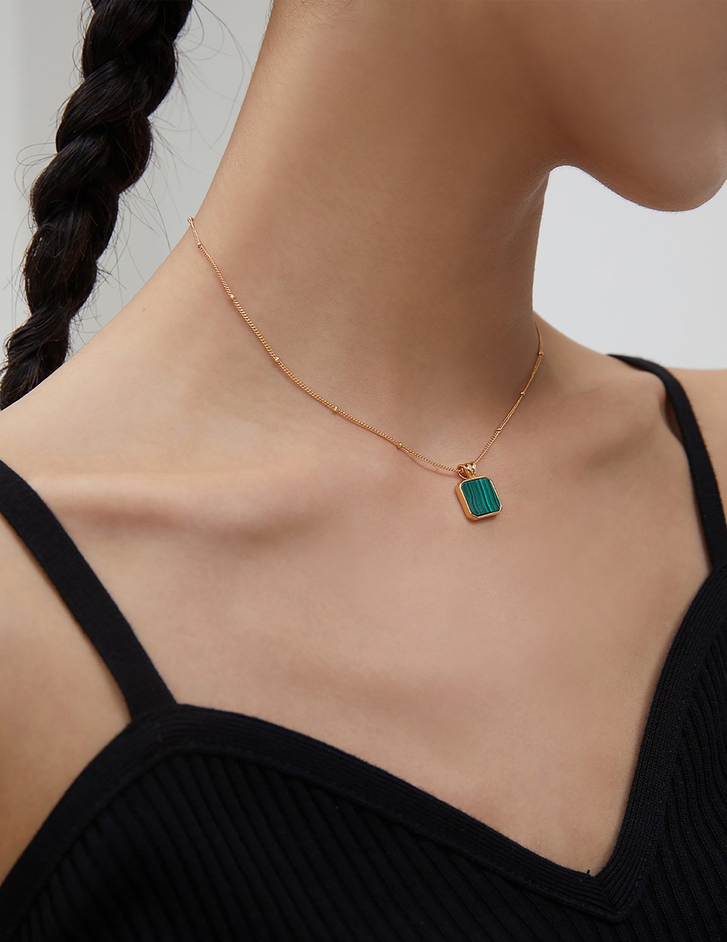 18K Gold Pated Silver With Malachite Pendant Necklace