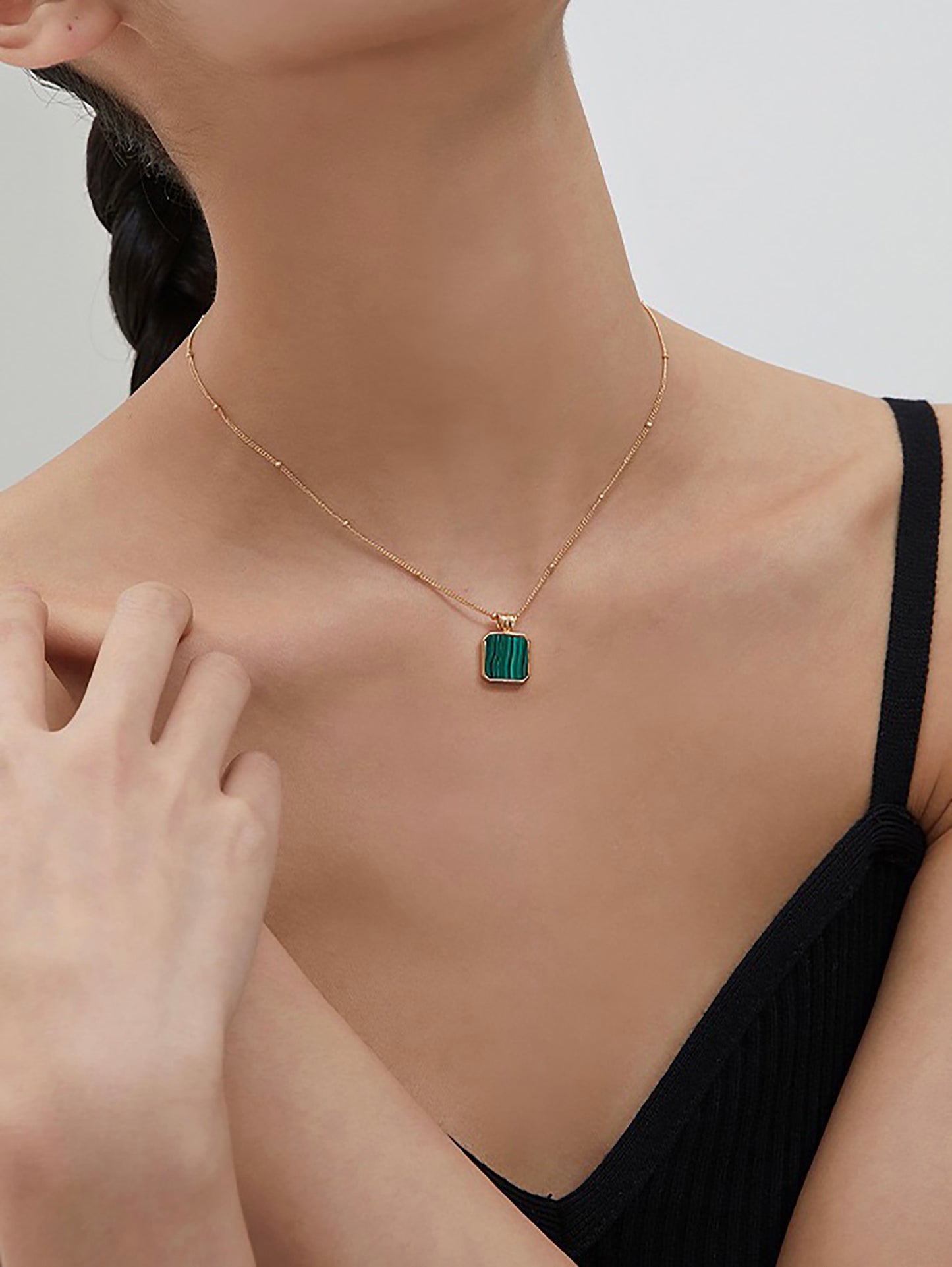 18K Gold Pated Silver With Malachite Pendant Necklace