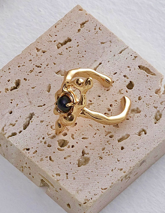 925 Silver With Black Agate Stone Open Ring