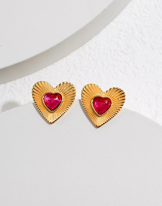 Heart Shape Silver Plated Gold With Red Zircon Earrings