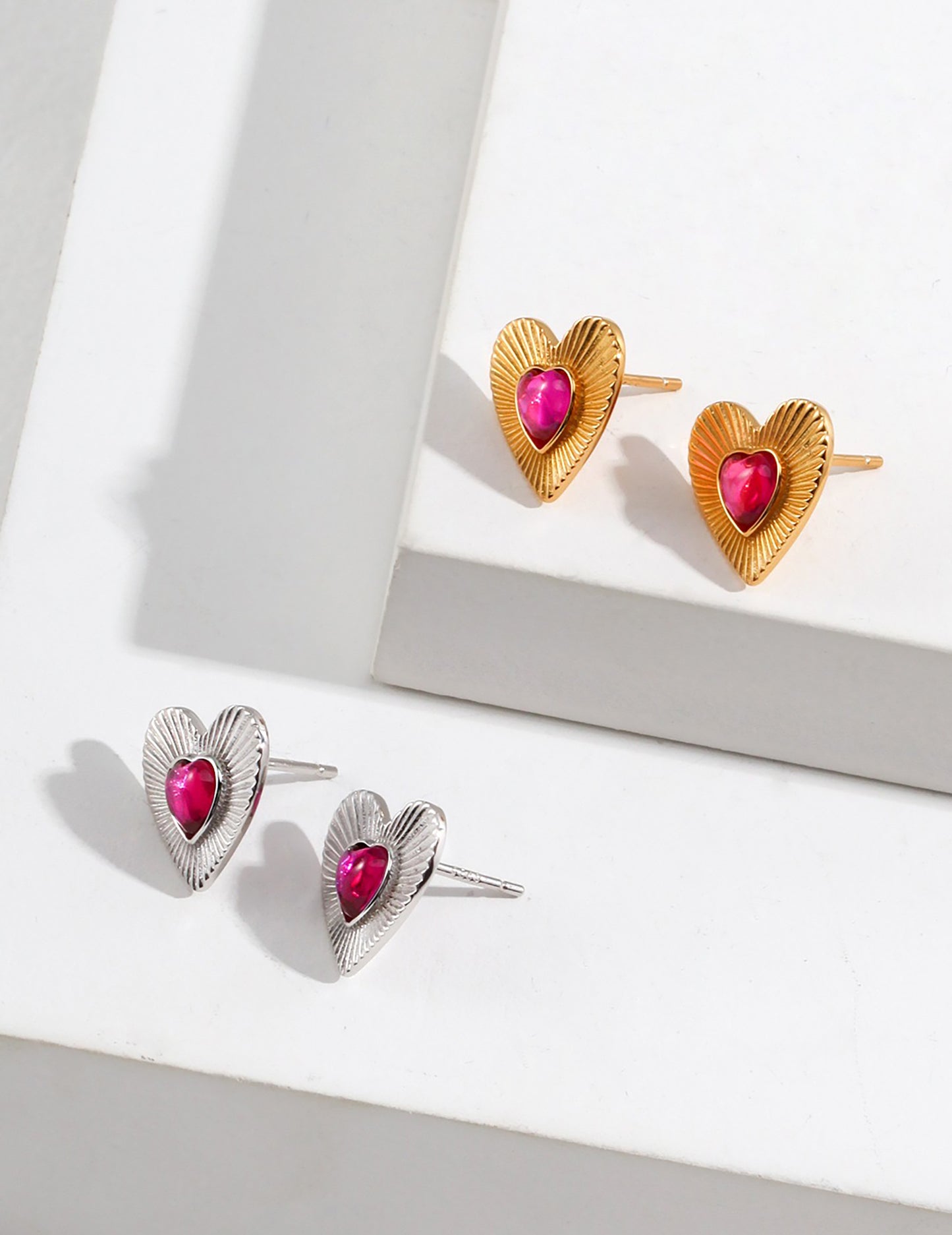Heart Shape Silver Plated Gold With Red Zircon Earrings