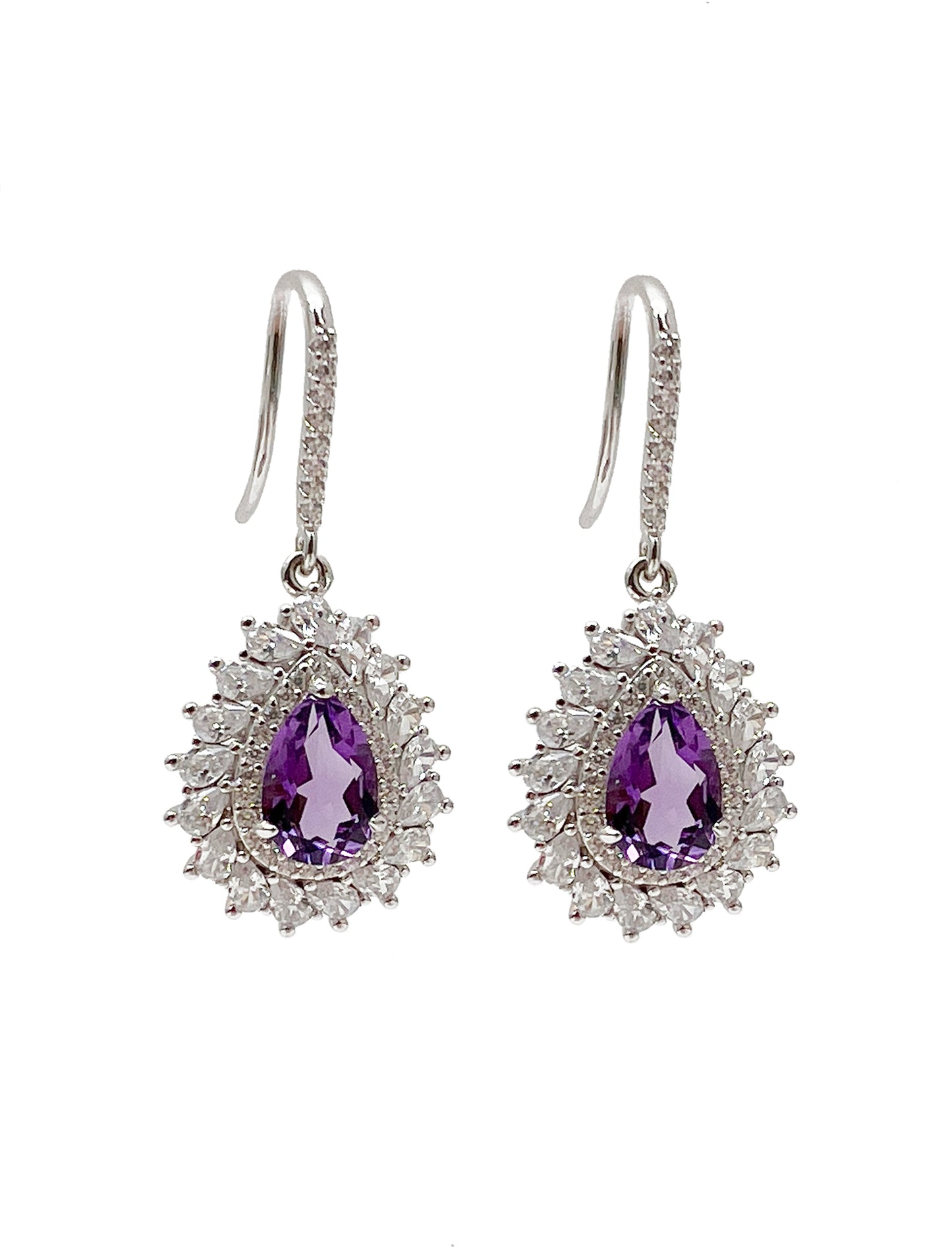Teardrop Shaped 925 Sterling Silver With Amethyst Dangle Earrings