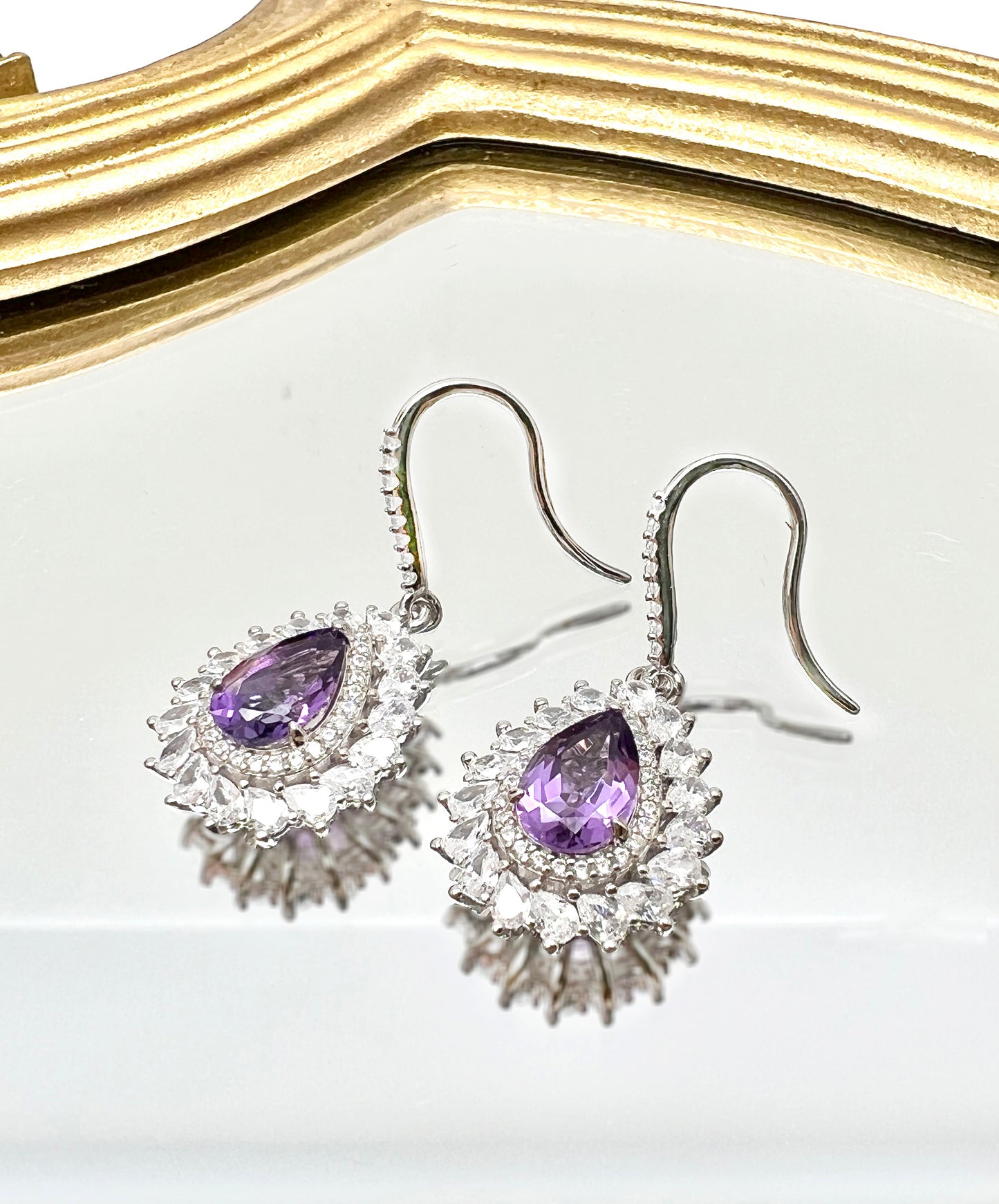 Teardrop Shaped 925 Sterling Silver With Amethyst Dangle Earrings