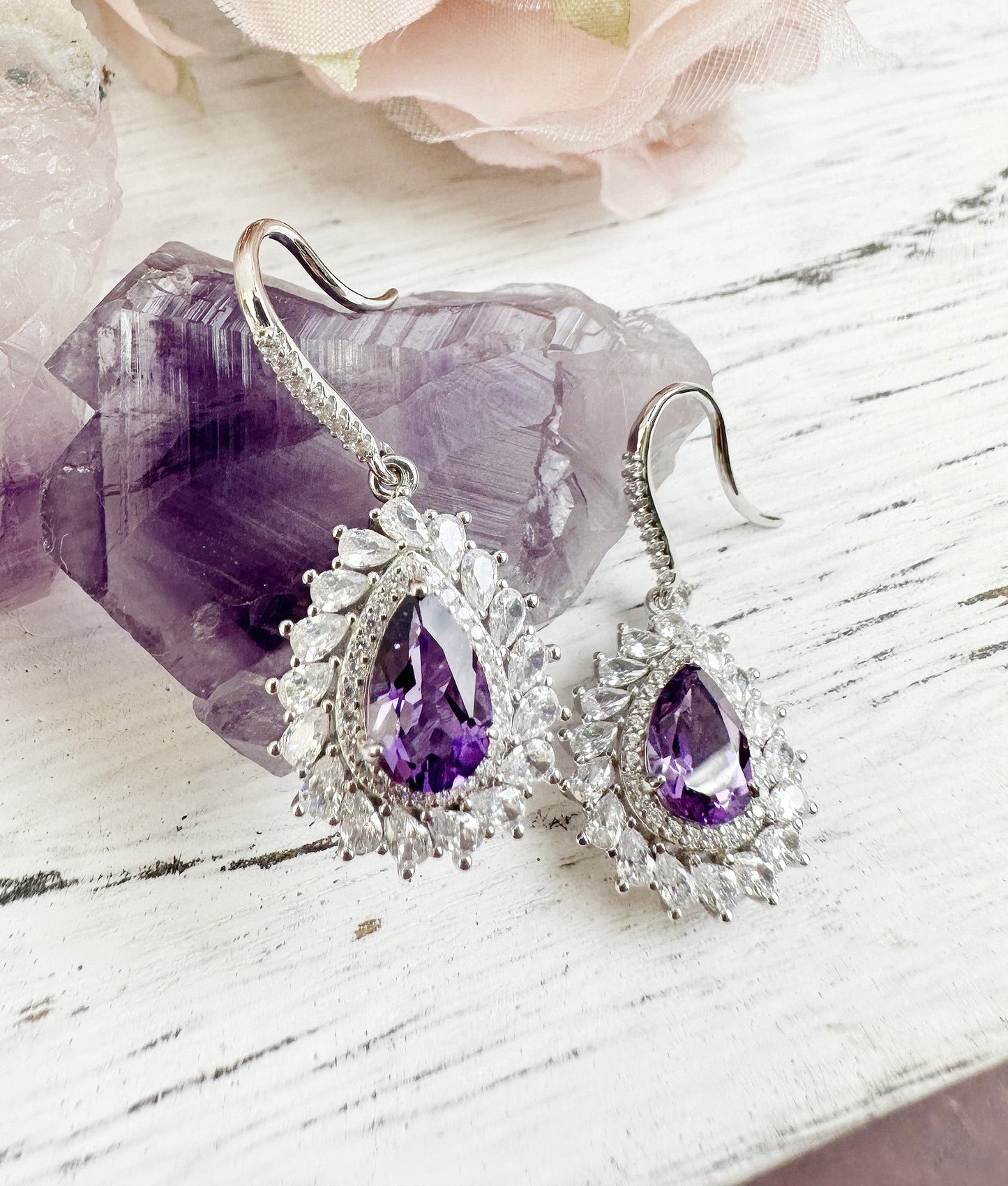 Teardrop Shaped 925 Sterling Silver With Amethyst Dangle Earrings