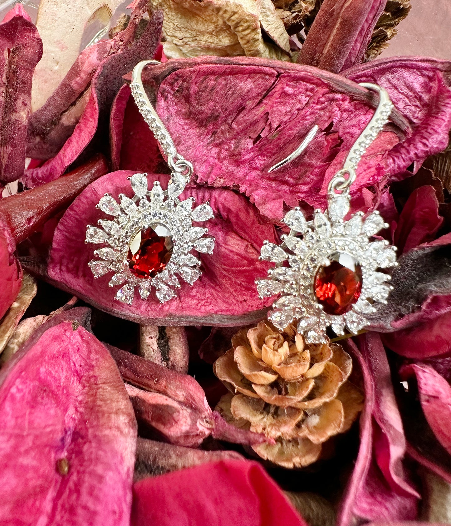 Flower 925 Silver With Garnet Stone Earrings