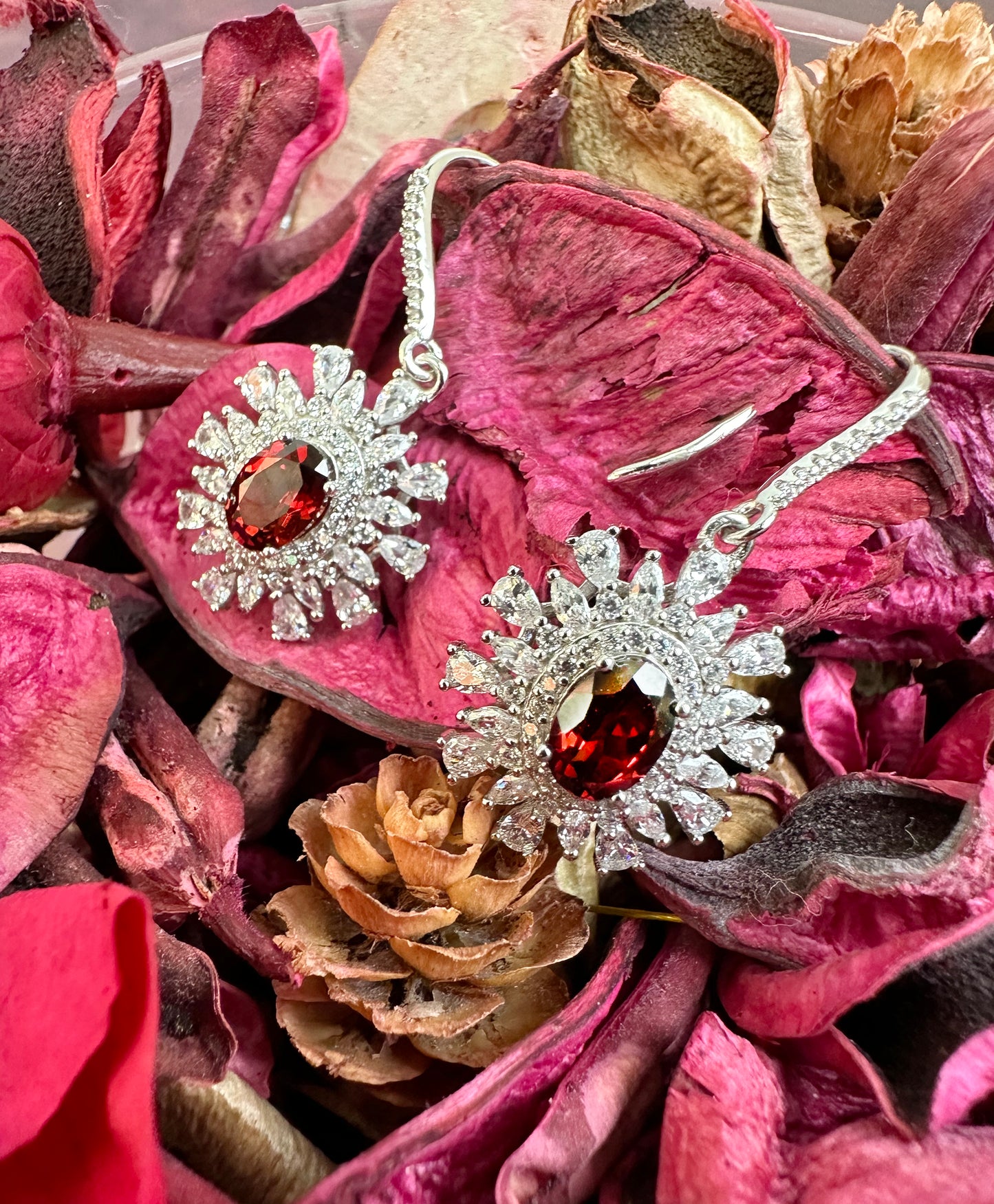 Flower 925 Silver With Garnet Stone Earrings