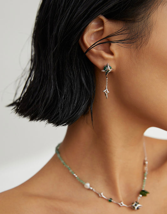 Star Shaped 925 Silver With Green Agate Dangle Earrings