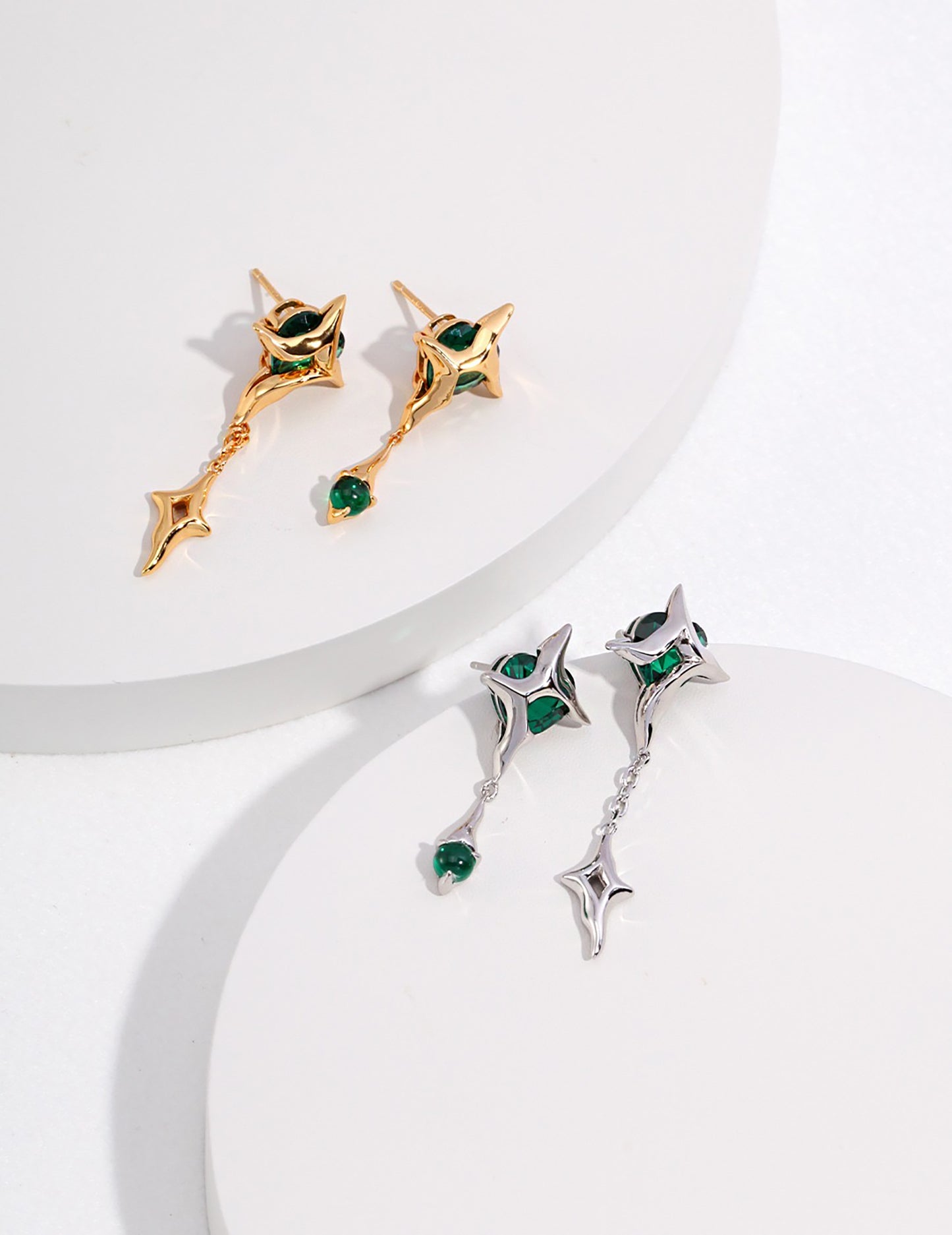 Star Shaped 925 Silver With Green Agate Dangle Earrings