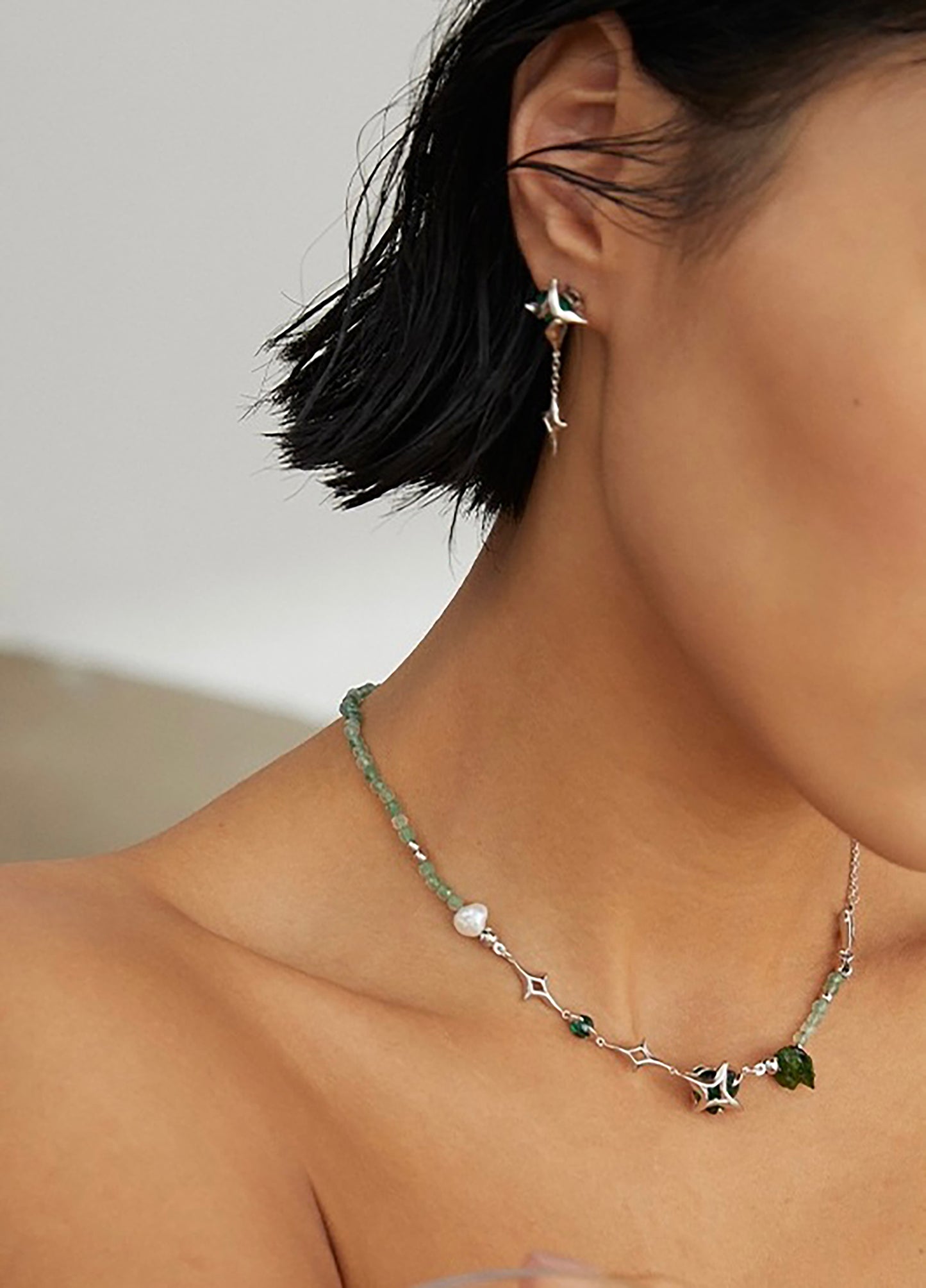 Star Shaped 925 Silver With Green Agate Dangle Earrings