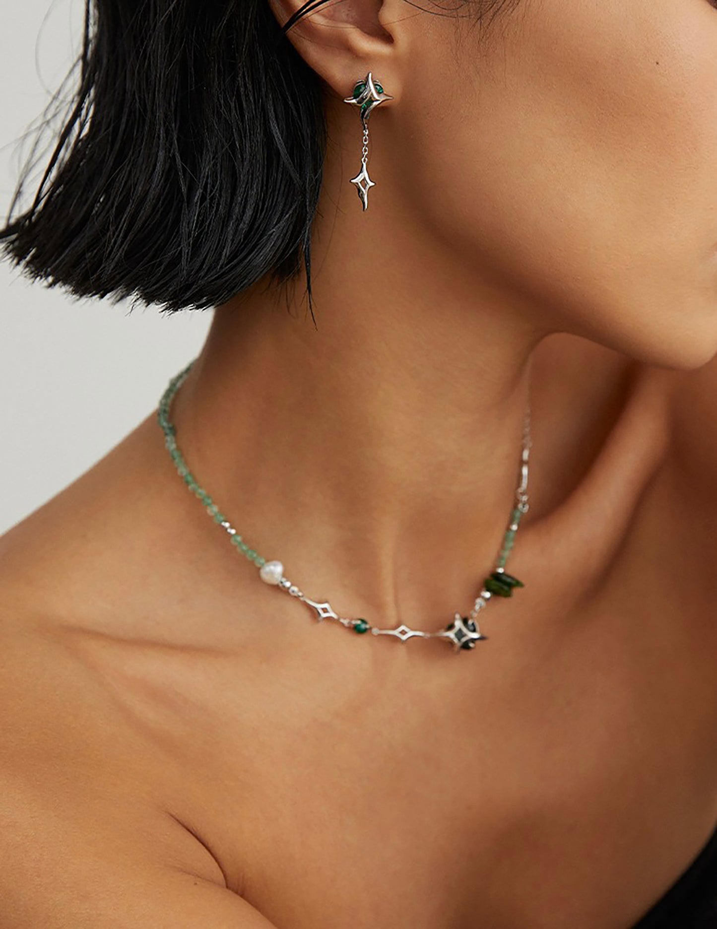 Star Shaped 925 Silver With Green Agate Dangle Earrings