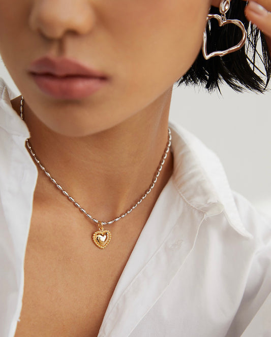 Gold Heart Pendant With 925 Silver Necklace