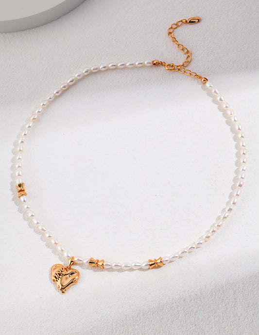 Gold Plated Gold Stitched Heart Pendant With Freshwater Pearls Necklace
