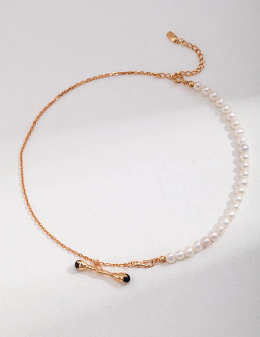 Stick With Black Agate Pendant 925 Silver And Freshwater Pearls Necklace