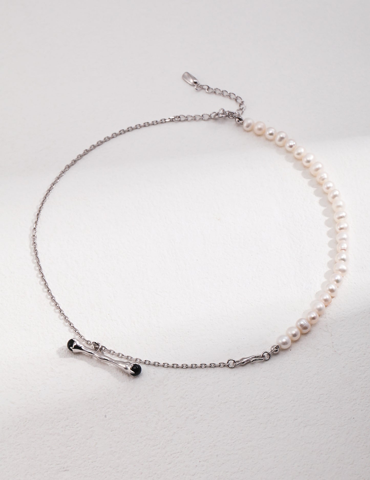 Stick With Black Agate Pendant 925 Silver And Freshwater Pearls Necklace