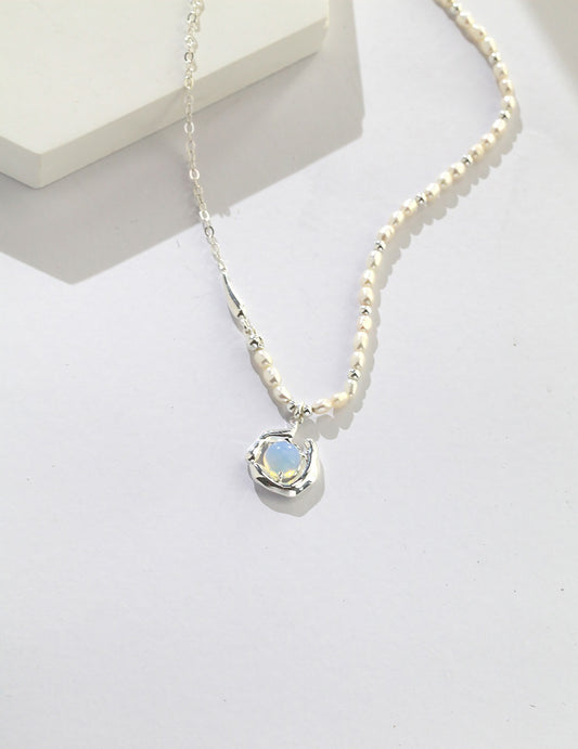 Opal Pendant With 925 Silver And Freshwater Pearls Necklace