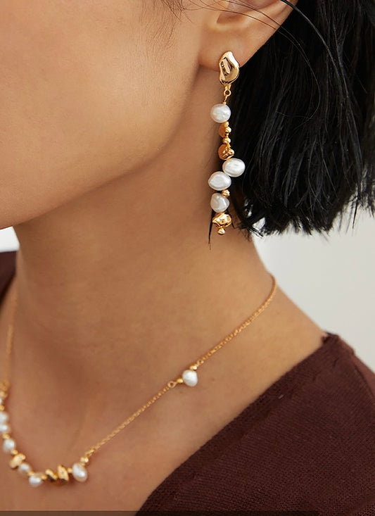 Irregular 925 Silver Plated Gold With Freshwater Pearls Earrings