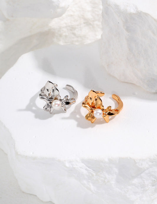 925 Silver Plated Gold Bowknot With Freshwater Pearls Ring