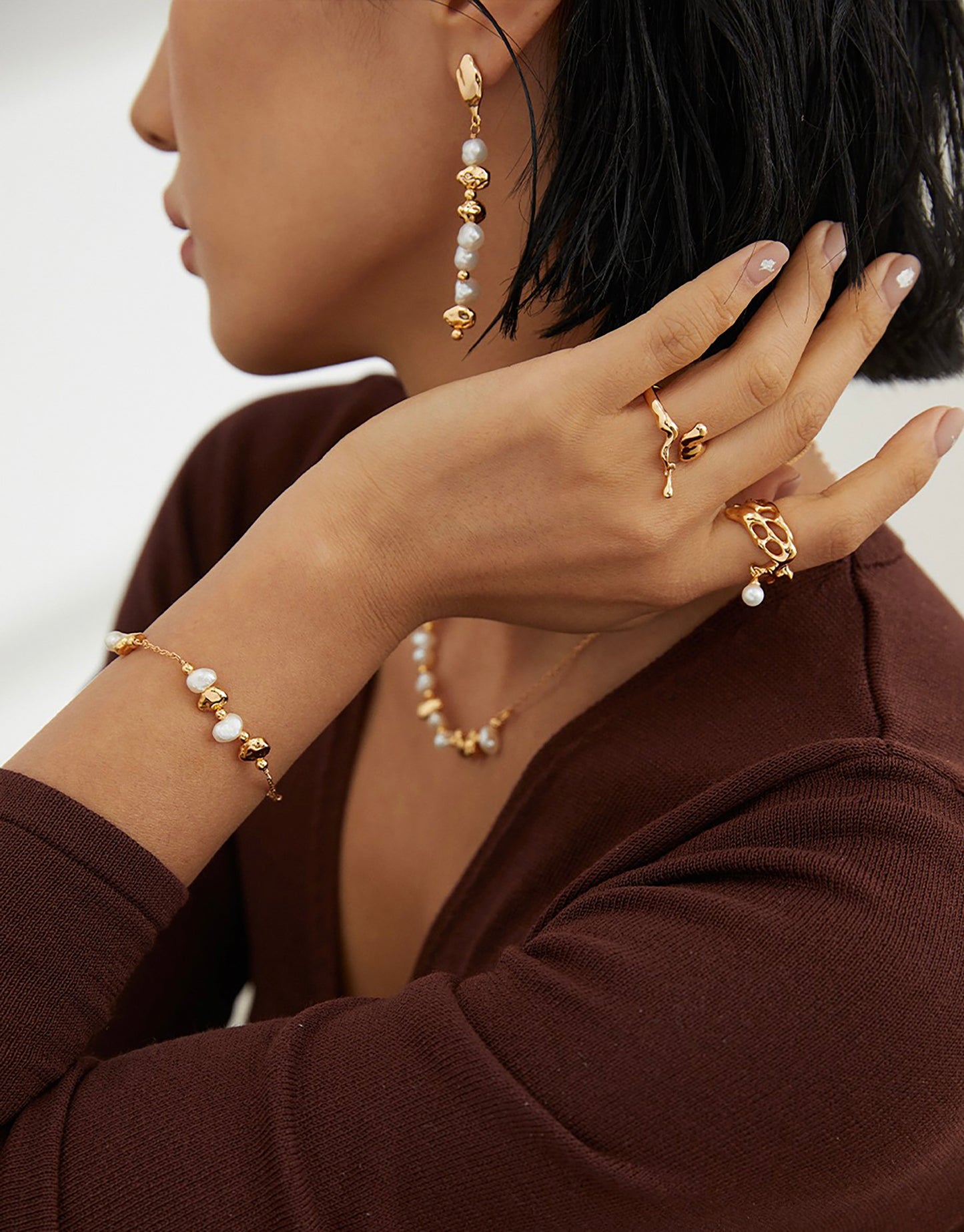 Irregular 925 Silver Plated Gold With Freshwater Pearls Bracelet