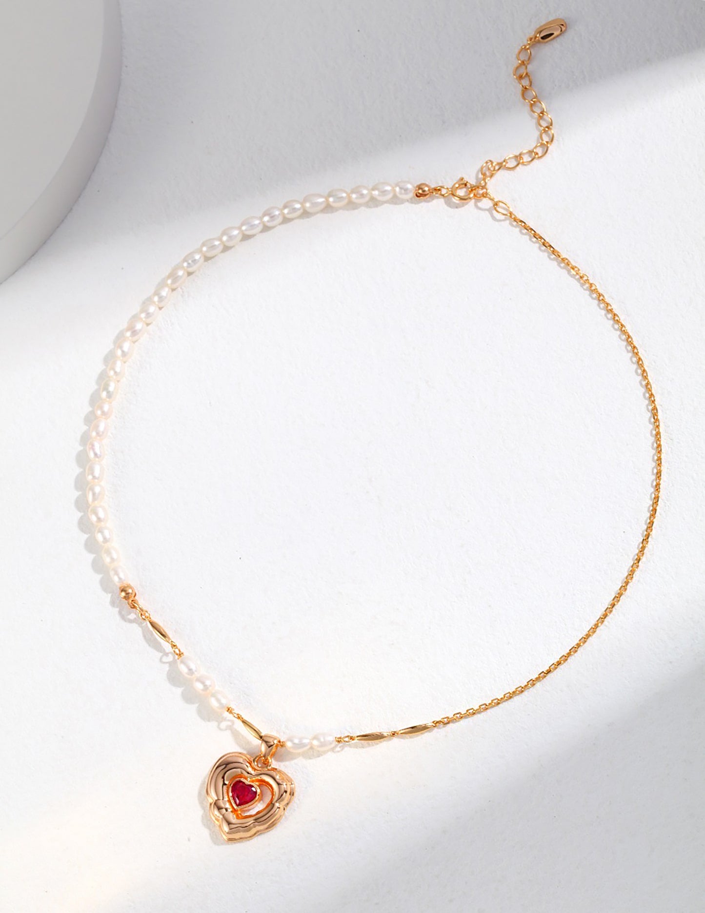 Red Glaze Heart Pendant 925 Silver Plated Gold With Freshwater Pearls necklace