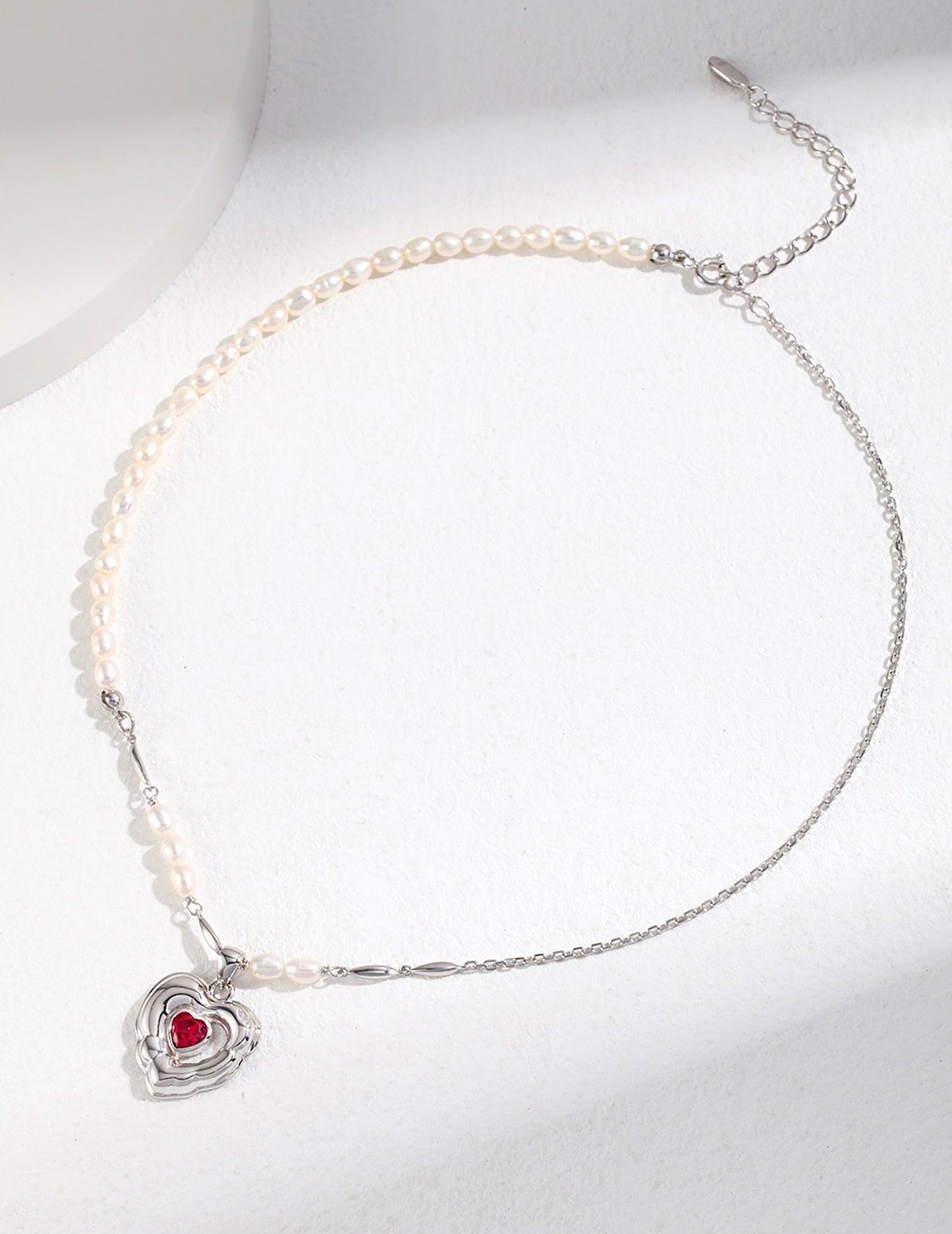 Red Glaze Heart Pendant 925 Silver Plated Gold With Freshwater Pearls necklace