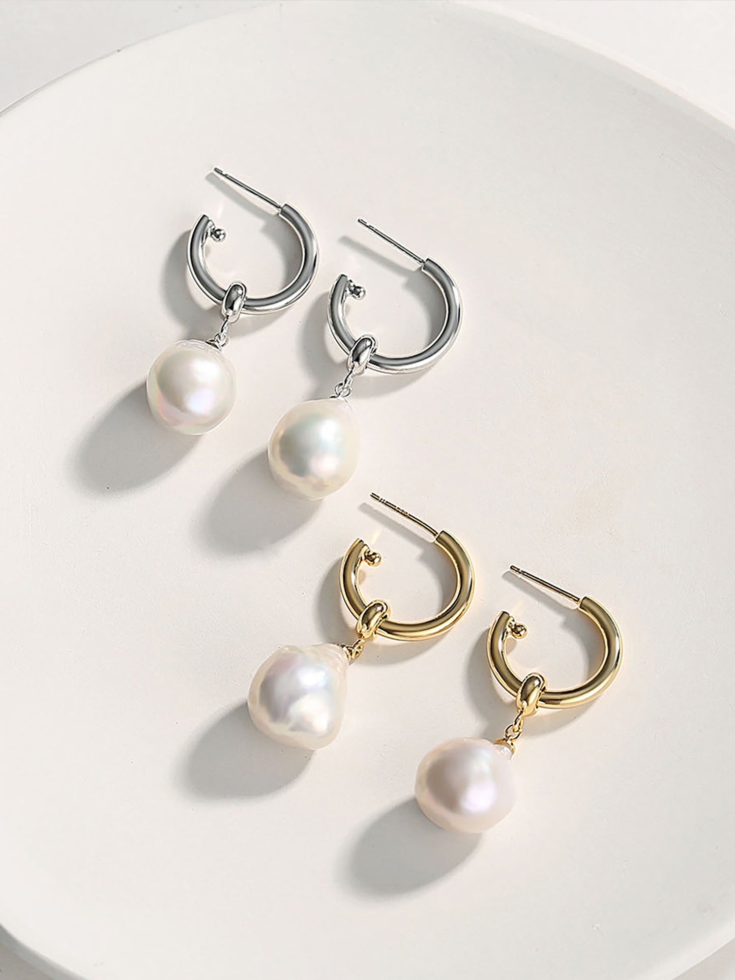 925 Silver With Freshwater Pearls Dangle Hoop Earrings