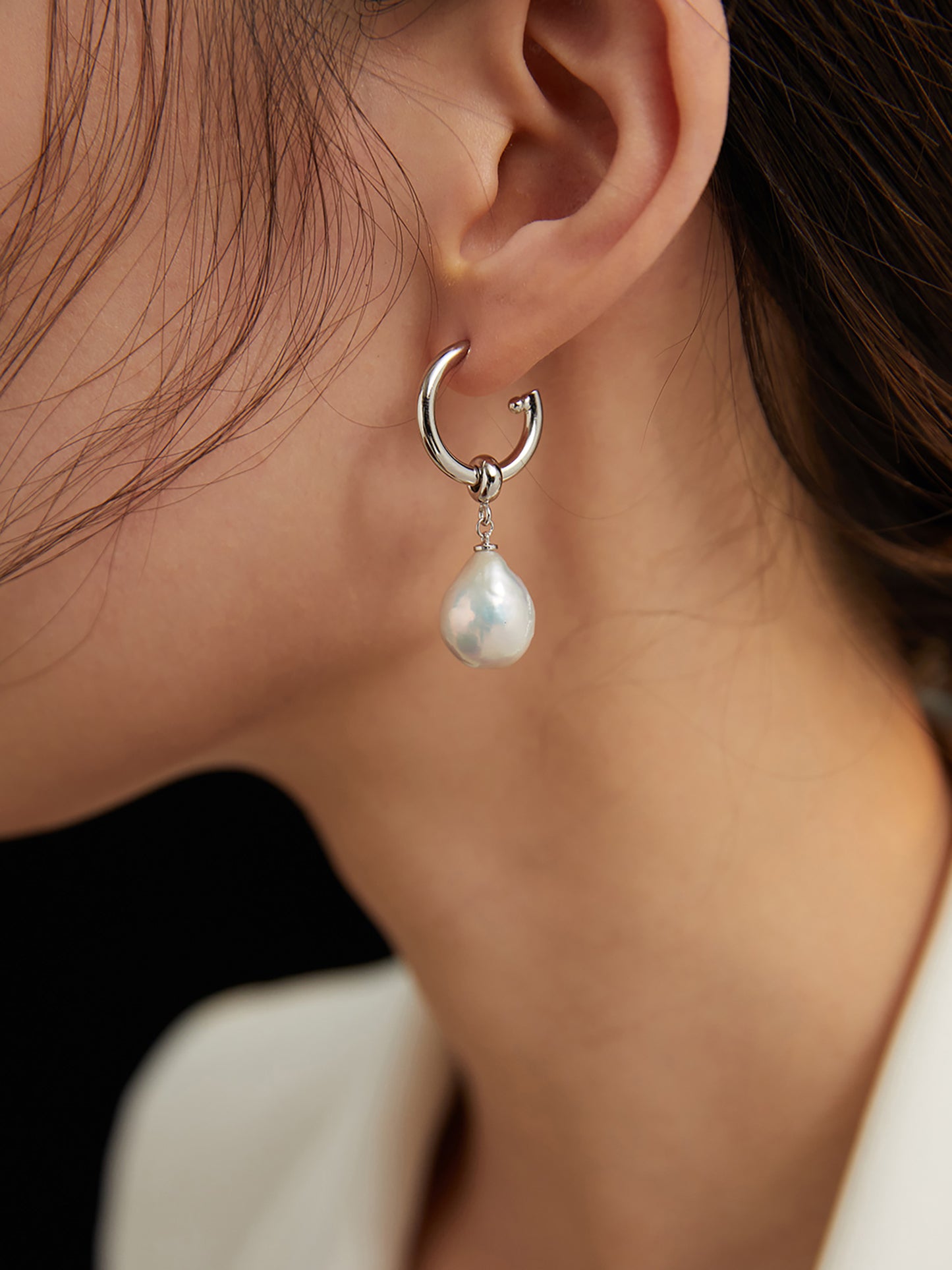 925 Silver With Freshwater Pearls Dangle Hoop Earrings