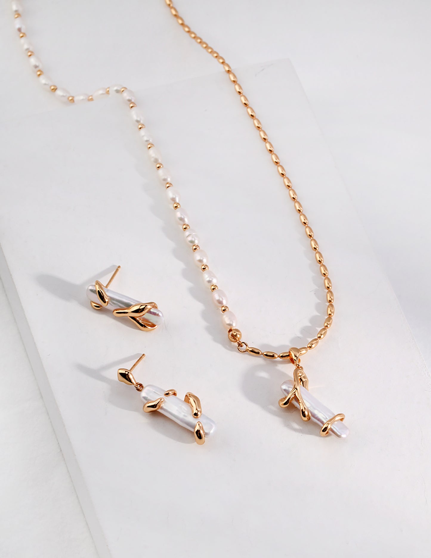 Stick Pearl Pendant 925 Silver Plated Gold Necklace