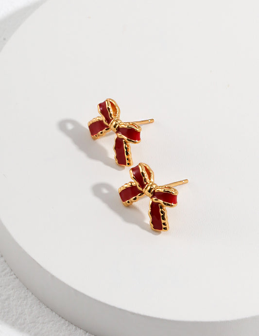Red Glaze Bowknot 925 Silver Plated Gold Earrings