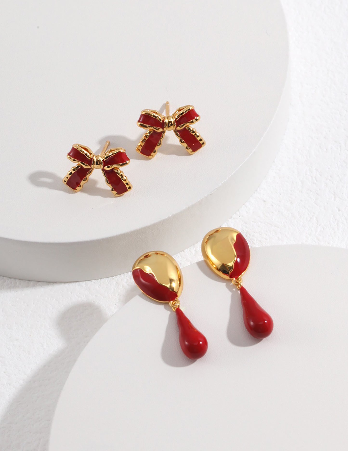 Red Glaze Bowknot 925 Silver Plated Gold Earrings