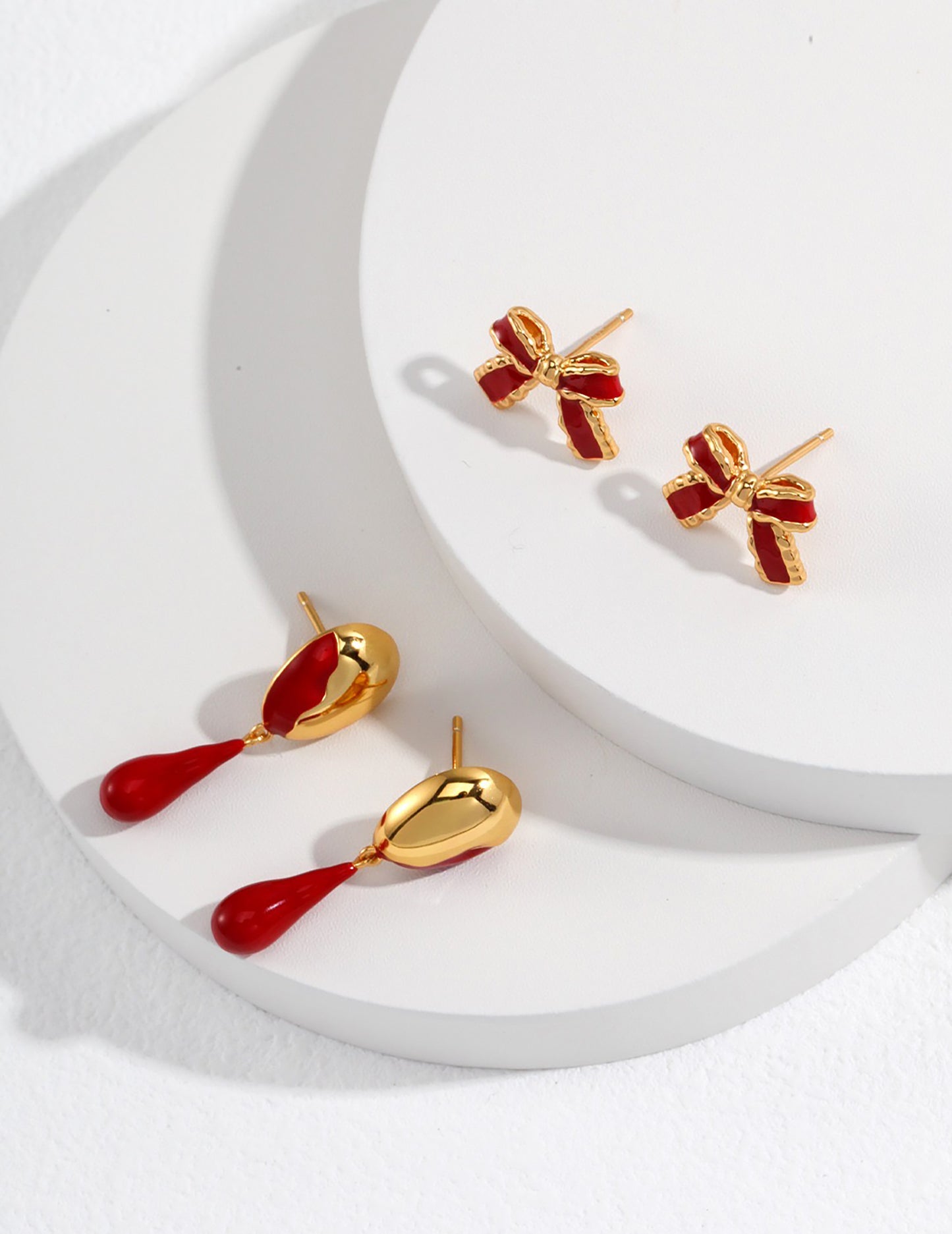 Red Glaze Bowknot 925 Silver Plated Gold Earrings