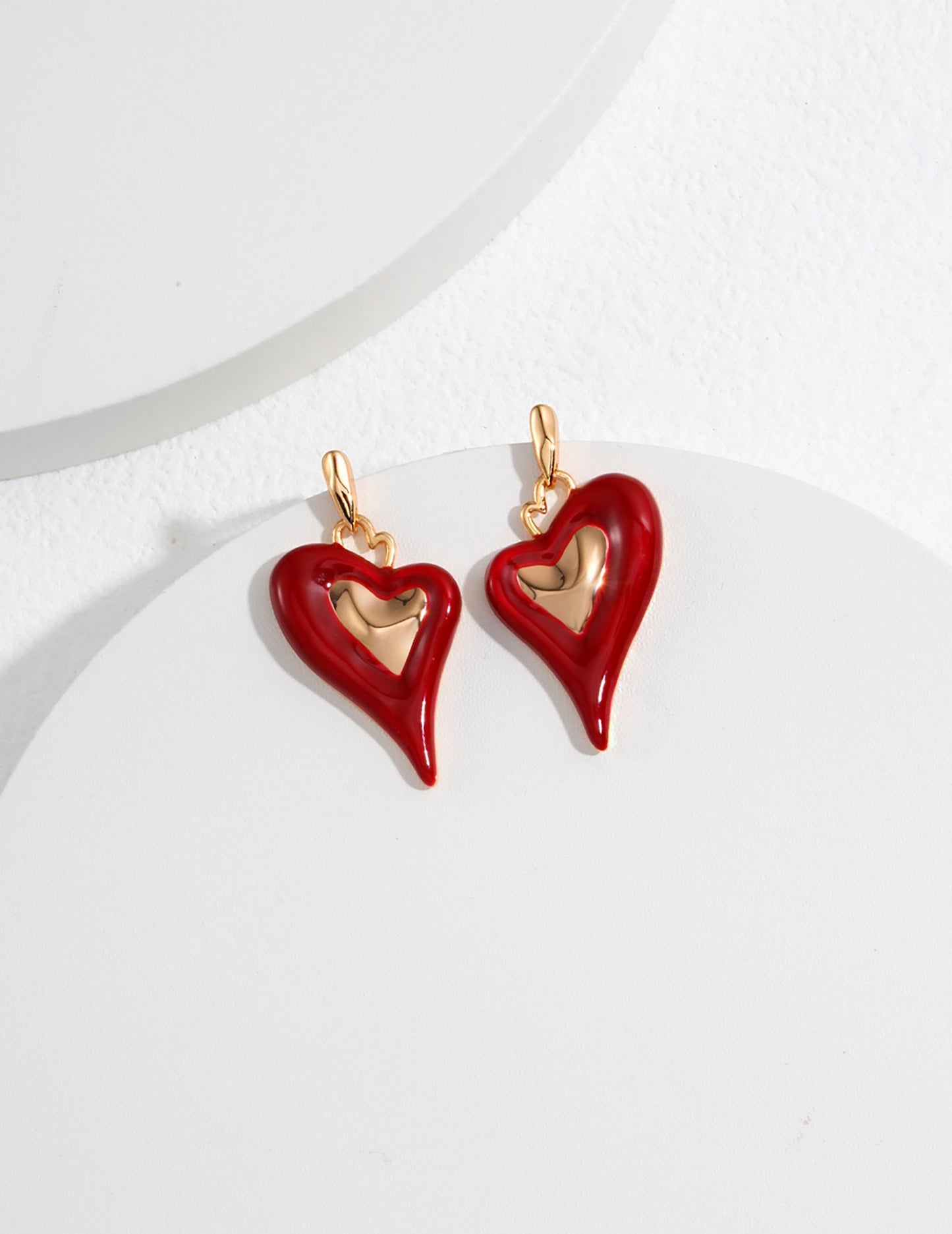 Heart Shaped Red Glaze 925 Silver Plated Gold Earrings