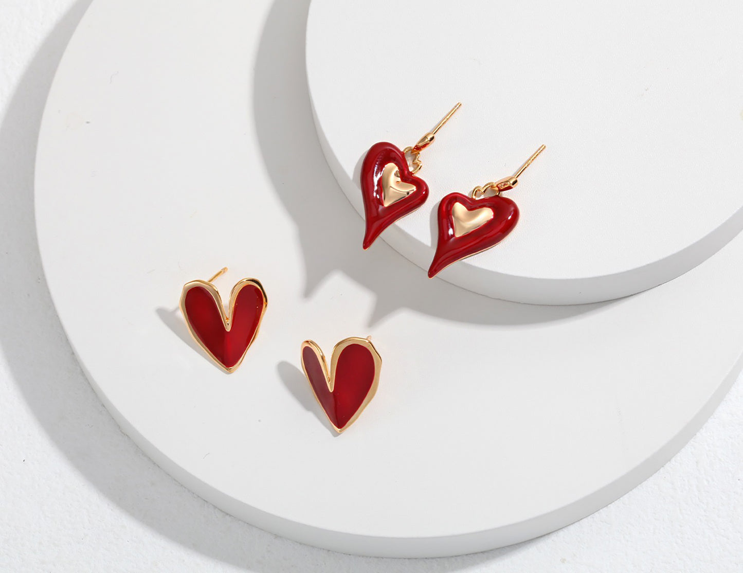 Heart Shaped Red Glaze 925 Silver Plated Gold Earrings