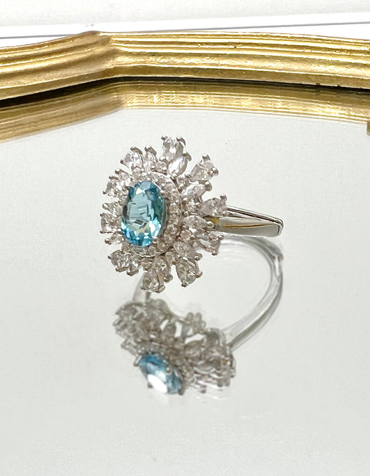 Flower Shaped 925 Silver With Blue Topaz Stone Ring