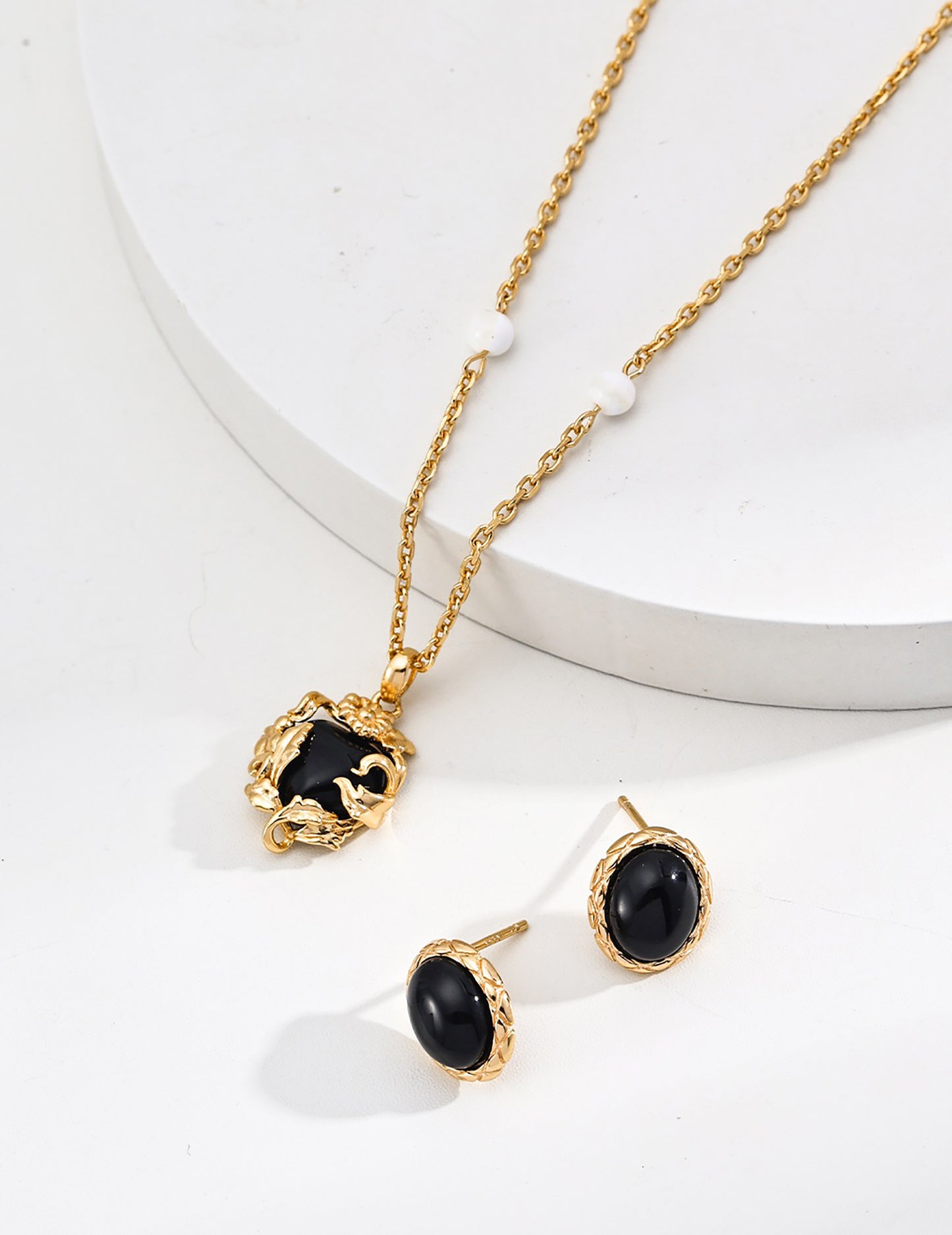 Black Agate Pendant Gold Plated Silver Necklace